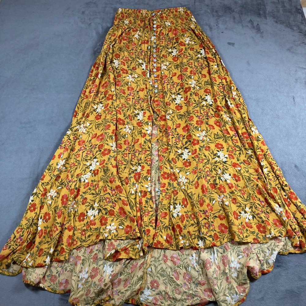 Rachel Zoe Floral Maxi Skirt Small Mustard Yellow Button Front Boho High Low